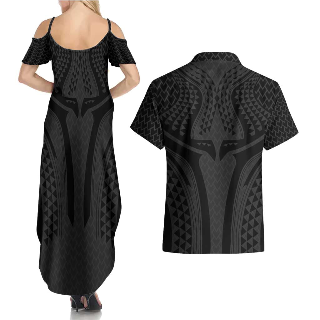 Hawaiian Kakau Art Tattoos Aquaman Style Couples Matching Summer Maxi Dress and Hawaiian Shirt Black Version - Polynesian Pride