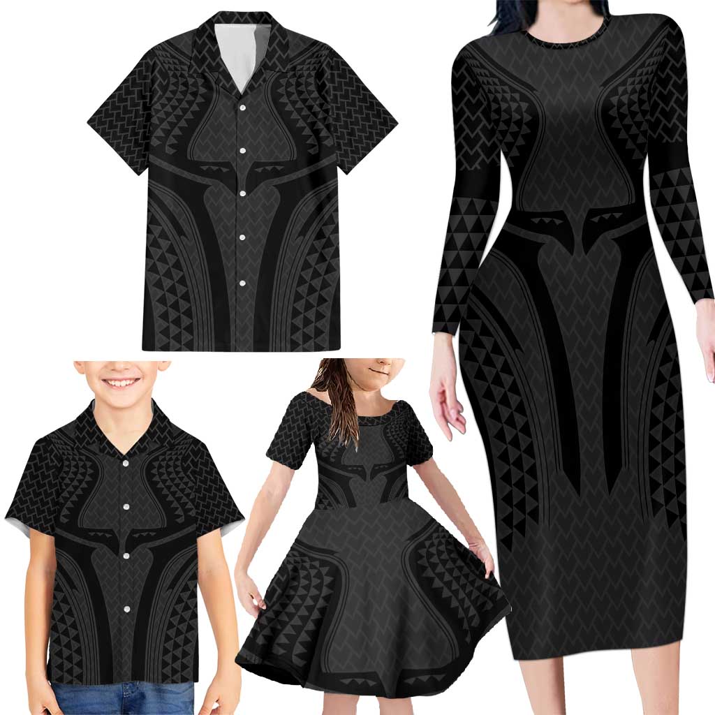 Hawaiian Kakau Art Tattoos Aquaman Style Family Matching Long Sleeve Bodycon Dress and Hawaiian Shirt Black Version LT03 - Polynesian Pride