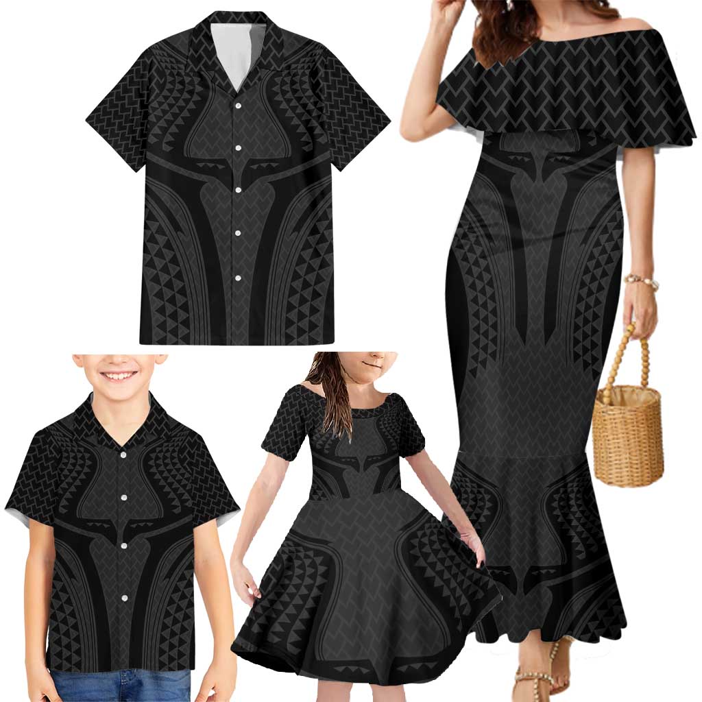 Hawaiian Kakau Art Tattoos Aquaman Style Family Matching Mermaid Dress and Hawaiian Shirt Black Version LT03 - Polynesian Pride