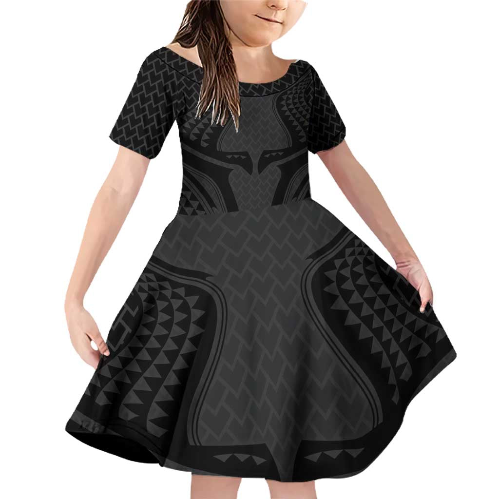 Hawaiian Kakau Art Tattoos Aquaman Style Family Matching Off Shoulder Short Dress and Hawaiian Shirt Black Version LT03 Daughter's Dress Black - Polynesian Pride