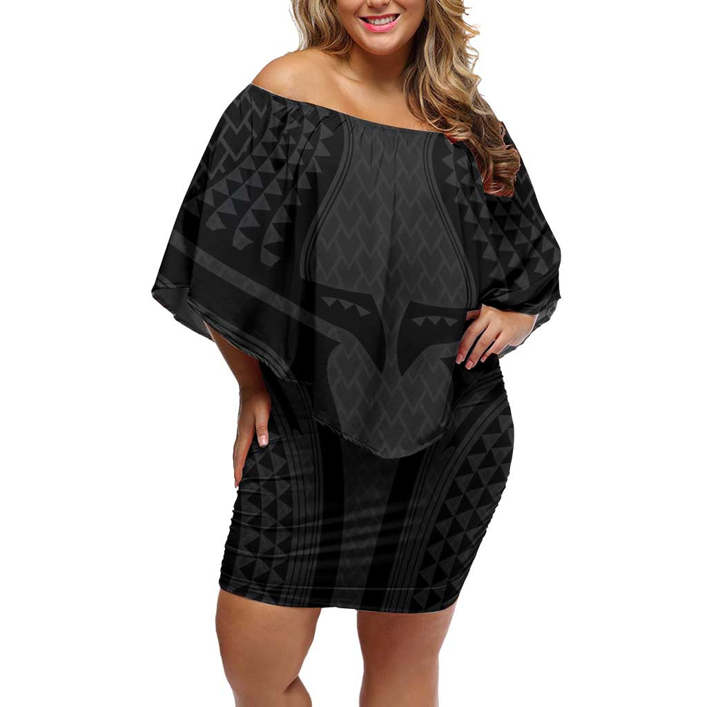 Hawaiian Kakau Art Tattoos Aquaman Style Family Matching Off Shoulder Short Dress and Hawaiian Shirt Black Version LT03 Mom's Dress Black - Polynesian Pride