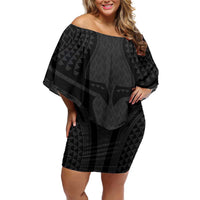 Hawaiian Kakau Art Tattoos Aquaman Style Family Matching Off Shoulder Short Dress and Hawaiian Shirt Black Version LT03 Mom's Dress Black - Polynesian Pride