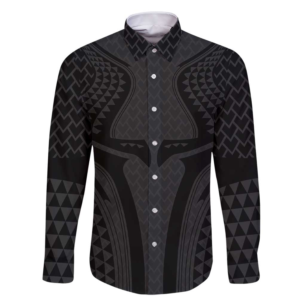 Hawaiian Kakau Art Tattoos Aquaman Style Family Matching Short Sleeve Bodycon Dress and Hawaiian Shirt Black Version LT03 Dad's Shirt - Long Sleeve Black - Polynesian Pride