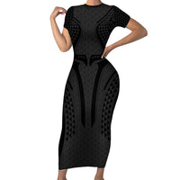 Hawaiian Kakau Art Tattoos Aquaman Style Family Matching Short Sleeve Bodycon Dress and Hawaiian Shirt Black Version LT03 Mom's Dress Black - Polynesian Pride