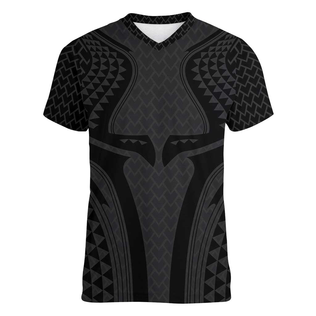 Hawaiian Kakau Art Tattoos Aquaman Style Women V-Neck T-Shirt Black Version - Polynesian Pride