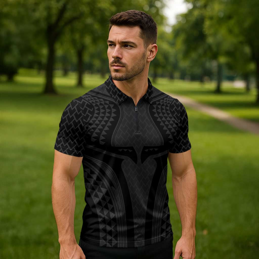 Hawaiian Kakau Art Tattoos Aquaman Style Zipper Polo Shirt Black Version - Polynesian Pride