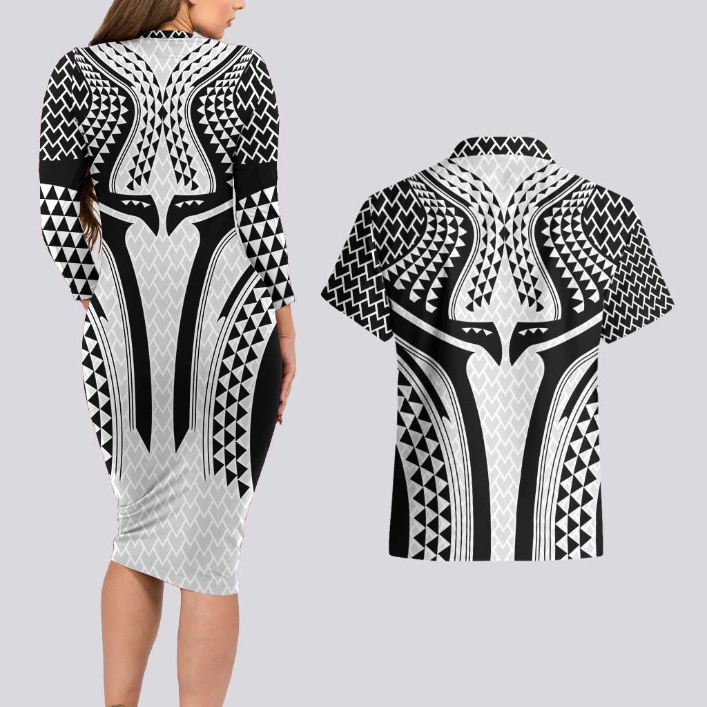 Hawaiian Kakau Art Tattoos Aquaman Style Couples Matching Long Sleeve Bodycon Dress and Hawaiian Shirt White Version LT03 - Polynesian Pride