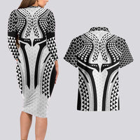 Hawaiian Kakau Art Tattoos Aquaman Style Couples Matching Long Sleeve Bodycon Dress and Hawaiian Shirt White Version LT03 - Polynesian Pride