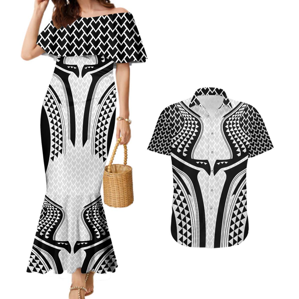 Hawaiian Kakau Art Tattoos Aquaman Style Couples Matching Mermaid Dress and Hawaiian Shirt White Version LT03 White - Polynesian Pride