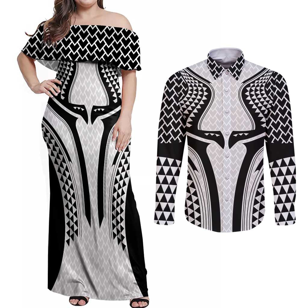 Hawaiian Kakau Art Tattoos Aquaman Style Couples Matching Off Shoulder Maxi Dress and Long Sleeve Button Shirt White Version - Polynesian Pride
