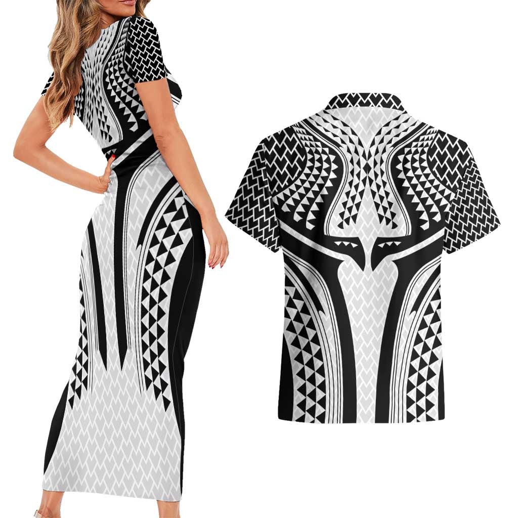 Hawaiian Kakau Art Tattoos Aquaman Style Couples Matching Short Sleeve Bodycon Dress and Hawaiian Shirt White Version LT03 - Polynesian Pride