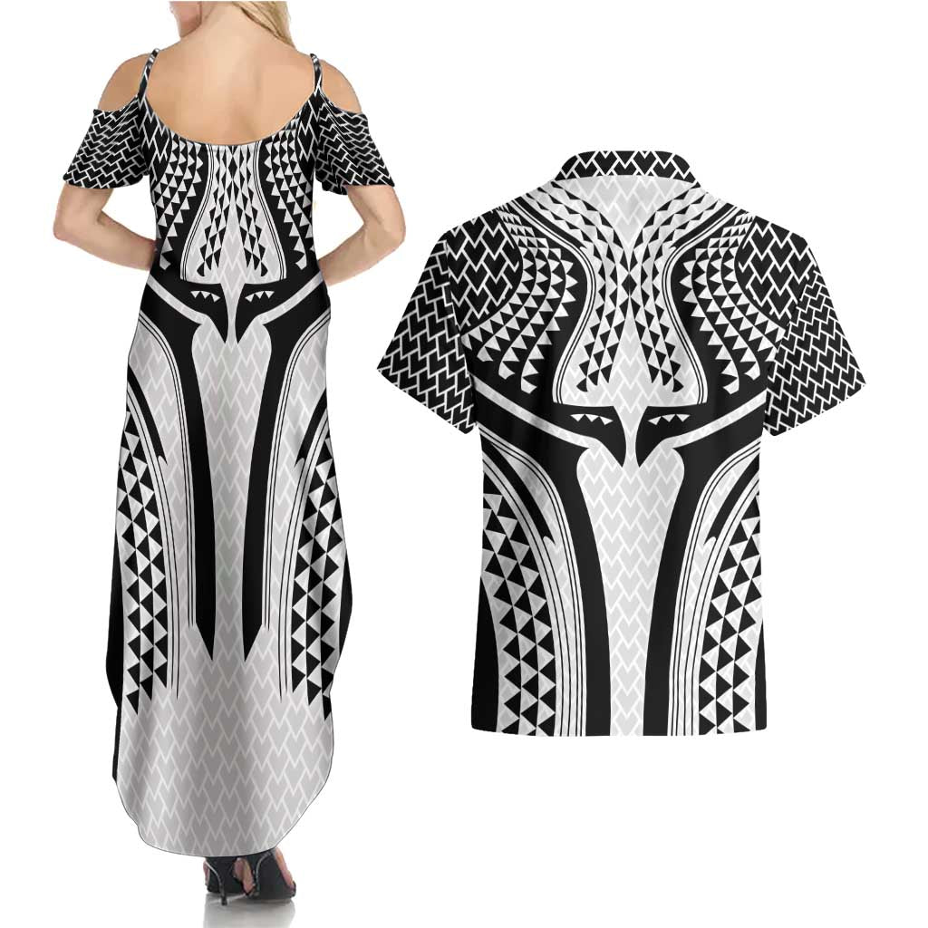 Hawaiian Kakau Art Tattoos Aquaman Style Couples Matching Summer Maxi Dress and Hawaiian Shirt White Version - Polynesian Pride