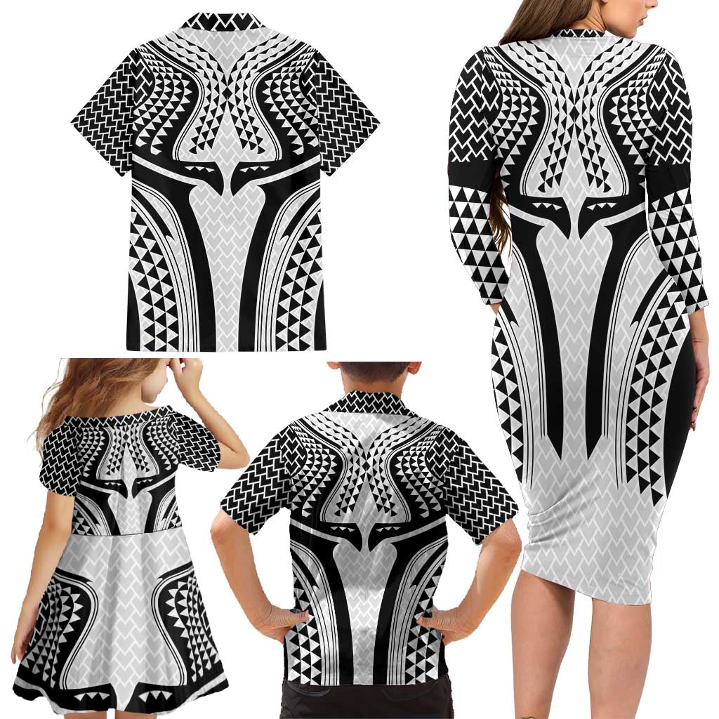 Hawaiian Kakau Art Tattoos Aquaman Style Family Matching Long Sleeve Bodycon Dress and Hawaiian Shirt White Version LT03 - Polynesian Pride