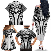 Hawaiian Kakau Art Tattoos Aquaman Style Family Matching Off The Shoulder Long Sleeve Dress and Hawaiian Shirt White Version - Polynesian Pride