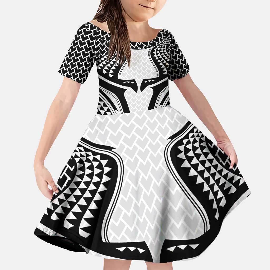 Hawaiian Kakau Art Tattoos Aquaman Style Family Matching Off Shoulder Maxi Dress and Hawaiian Shirt White Version LT03 Daughter's Dress White - Polynesian Pride