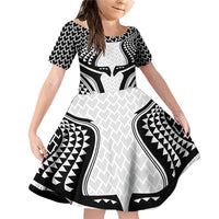Hawaiian Kakau Art Tattoos Aquaman Style Family Matching Off Shoulder Short Dress and Hawaiian Shirt White Version LT03 Daughter's Dress White - Polynesian Pride