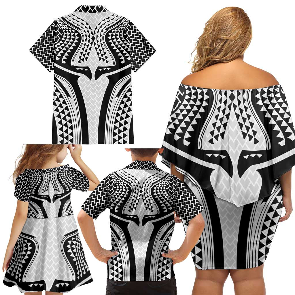 Hawaiian Kakau Art Tattoos Aquaman Style Family Matching Off Shoulder Short Dress and Hawaiian Shirt White Version LT03 - Polynesian Pride