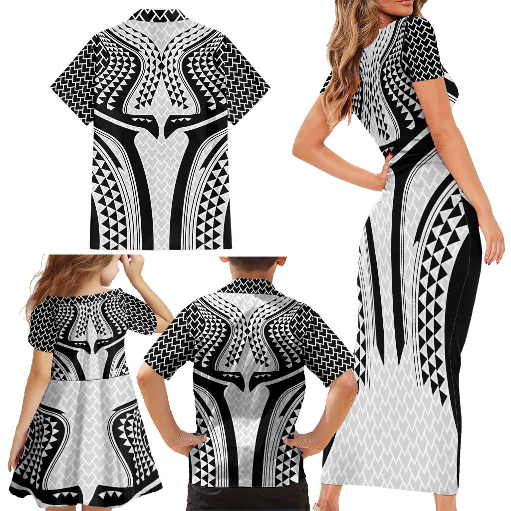 Hawaiian Kakau Art Tattoos Aquaman Style Family Matching Short Sleeve Bodycon Dress and Hawaiian Shirt White Version LT03 - Polynesian Pride