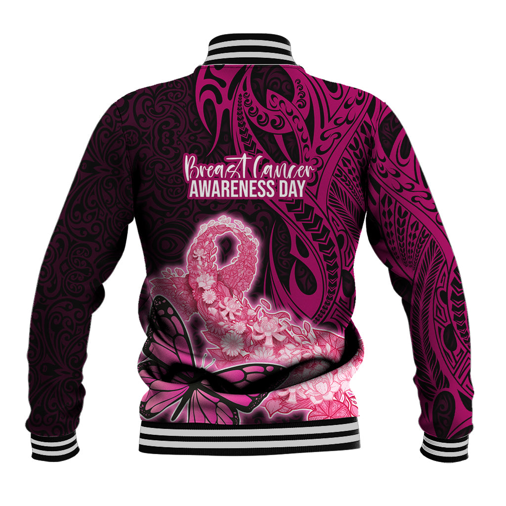 Polynesia Breast Cancer Baseball Jacket Butterfly and Flowers Ribbon Maori Tattoo Ethnic Black Style LT03 - Polynesian Pride