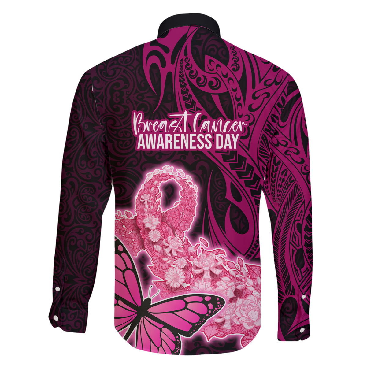 Polynesia Breast Cancer Family Matching Short Sleeve Bodycon Dress and Hawaiian Shirt Butterfly and Flowers Ribbon Maori Tattoo Ethnic Black Style LT03 - Polynesian Pride