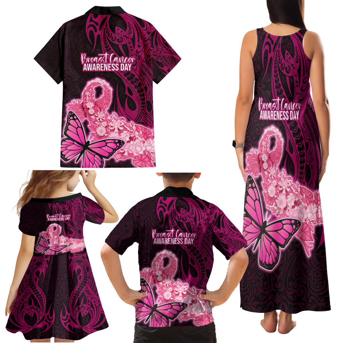 Polynesia Breast Cancer Family Matching Tank Maxi Dress and Hawaiian Shirt Butterfly and Flowers Ribbon Maori Tattoo Ethnic Black Style LT03 - Polynesian Pride