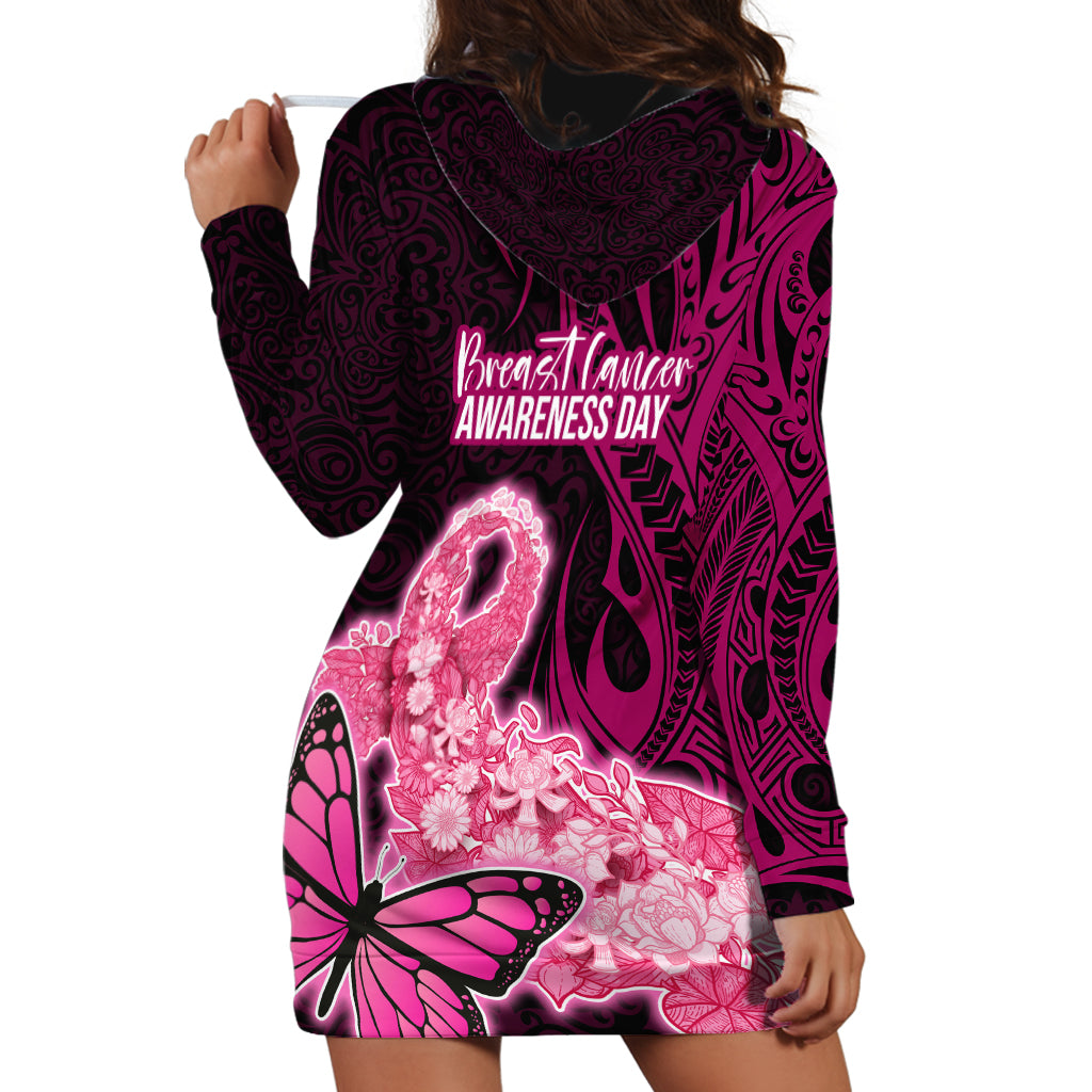 Polynesia Breast Cancer Hoodie Dress Butterfly and Flowers Ribbon Maori Tattoo Ethnic Black Style LT03 - Polynesian Pride