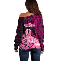 Polynesia Breast Cancer Off Shoulder Sweater Butterfly and Flowers Ribbon Maori Tattoo Ethnic Black Style LT03 - Polynesian Pride