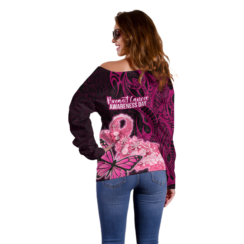 Polynesia Breast Cancer Off Shoulder Sweater Butterfly and Flowers Ribbon Maori Tattoo Ethnic Black Style LT03 - Polynesian Pride