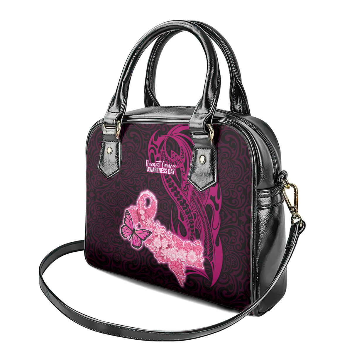 Polynesia Breast Cancer Shoulder Handbag Butterfly and Flowers Ribbon Maori Tattoo Ethnic Black Style LT03 - Polynesian Pride