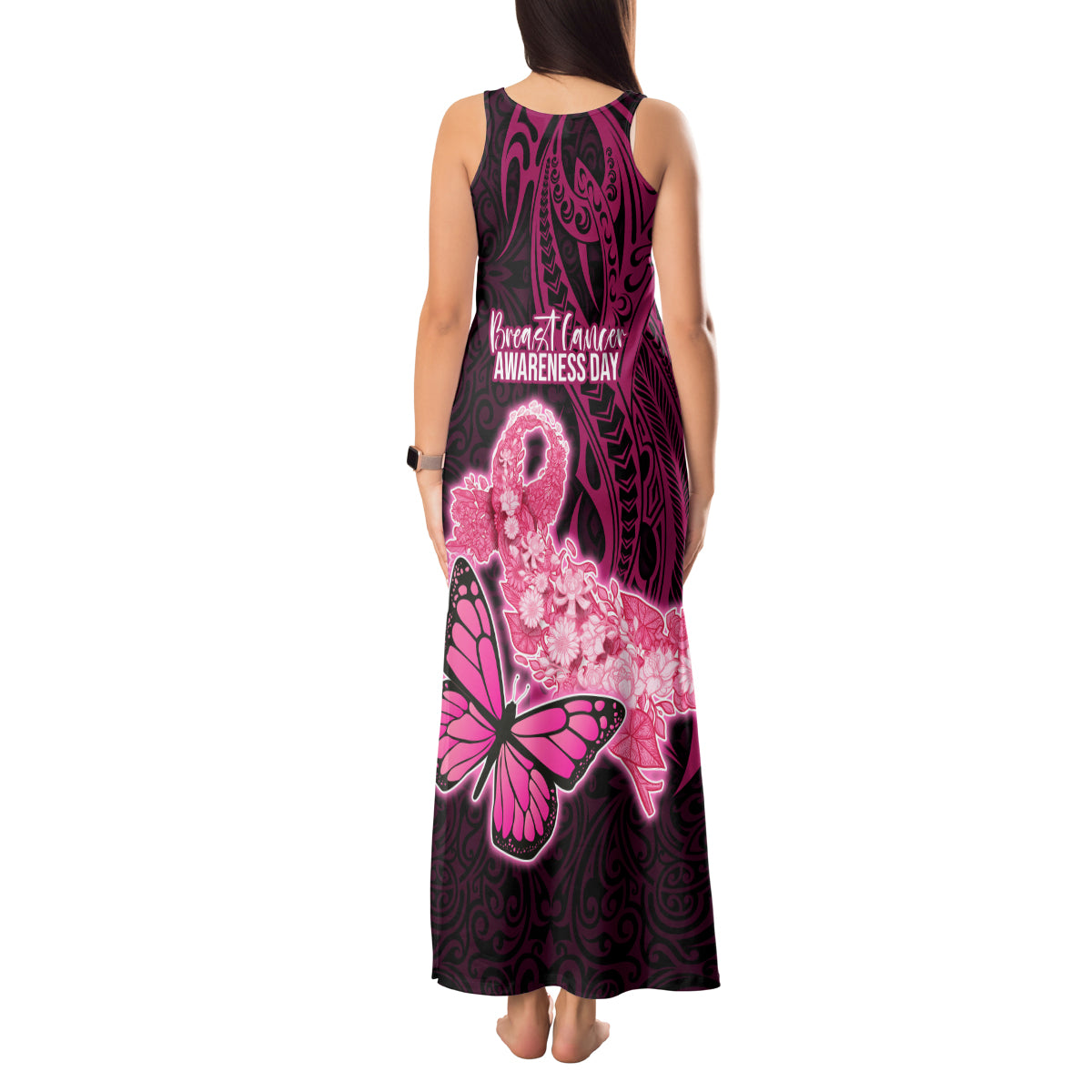 Polynesia Breast Cancer Tank Maxi Dress Butterfly and Flowers Ribbon Maori Tattoo Ethnic Black Style LT03 - Polynesian Pride