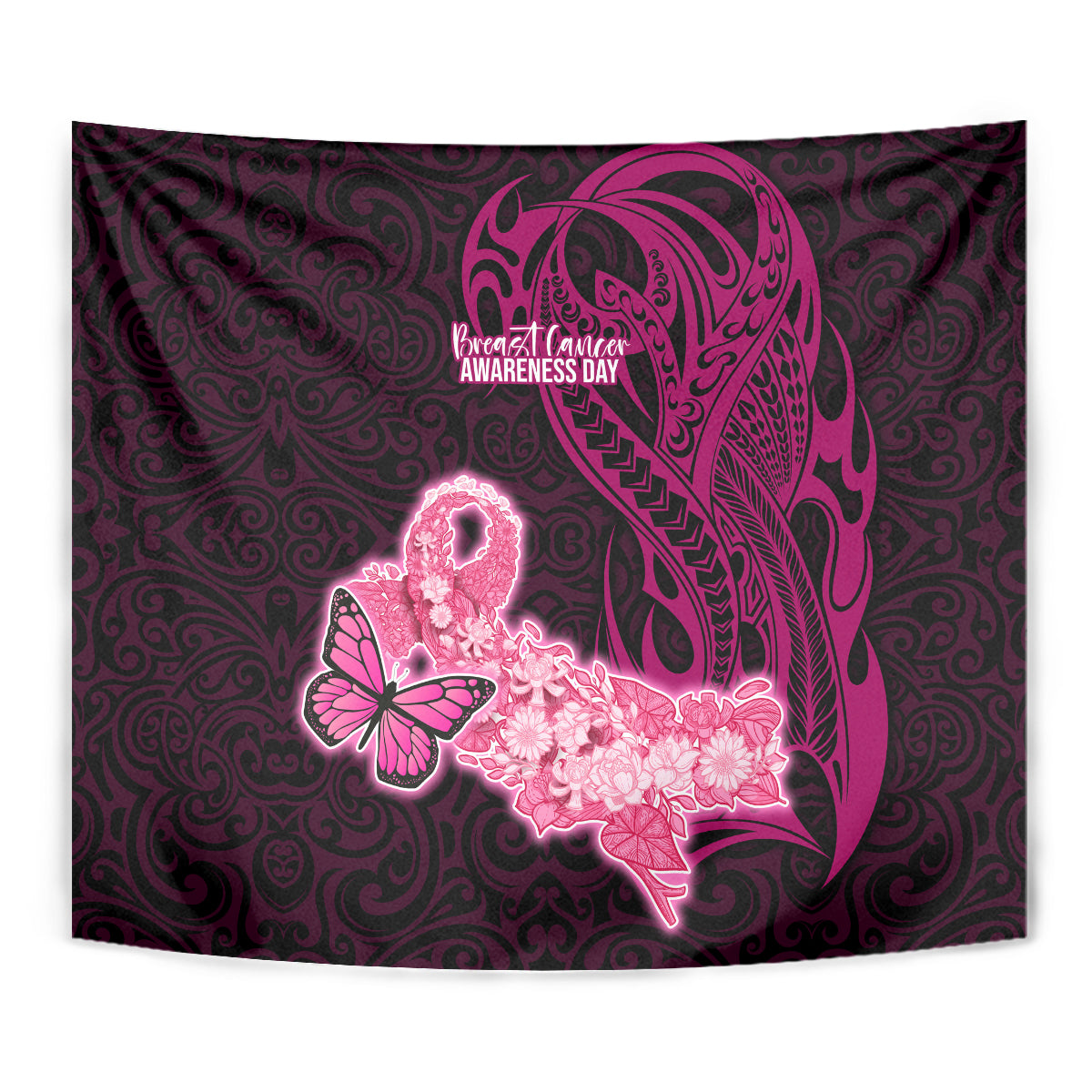 Polynesia Breast Cancer Tapestry Butterfly and Flowers Ribbon Maori Tattoo Ethnic Black Style LT03 - Polynesian Pride
