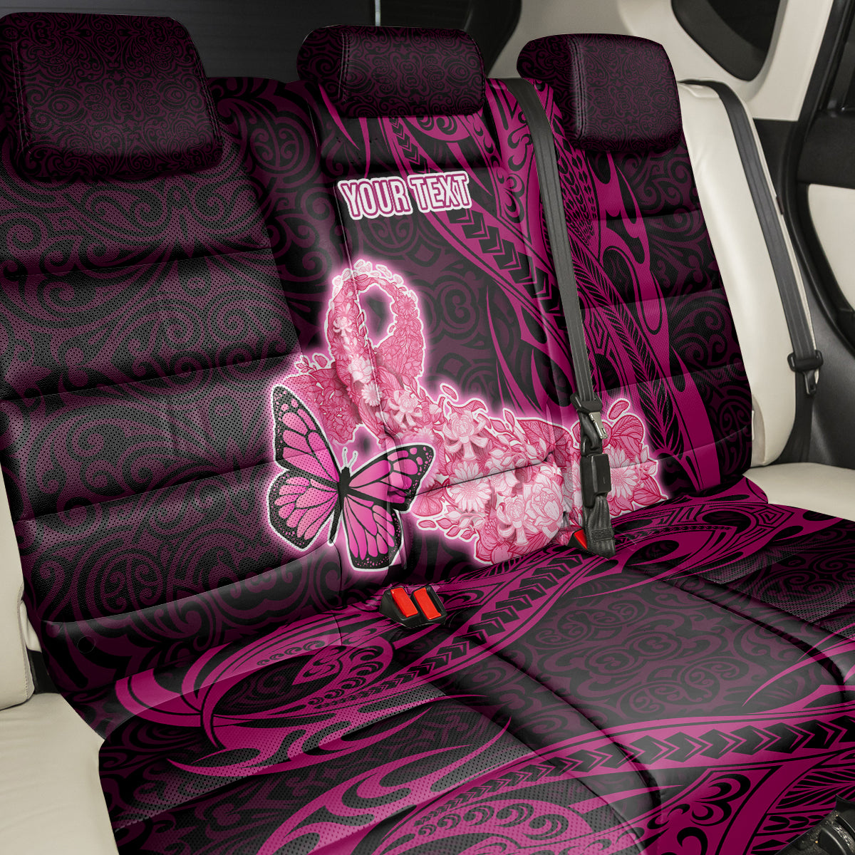 Custom Polynesia Breast Cancer Back Car Seat Cover Butterfly and Flowers Ribbon Maori Tattoo Ethnic Black Style