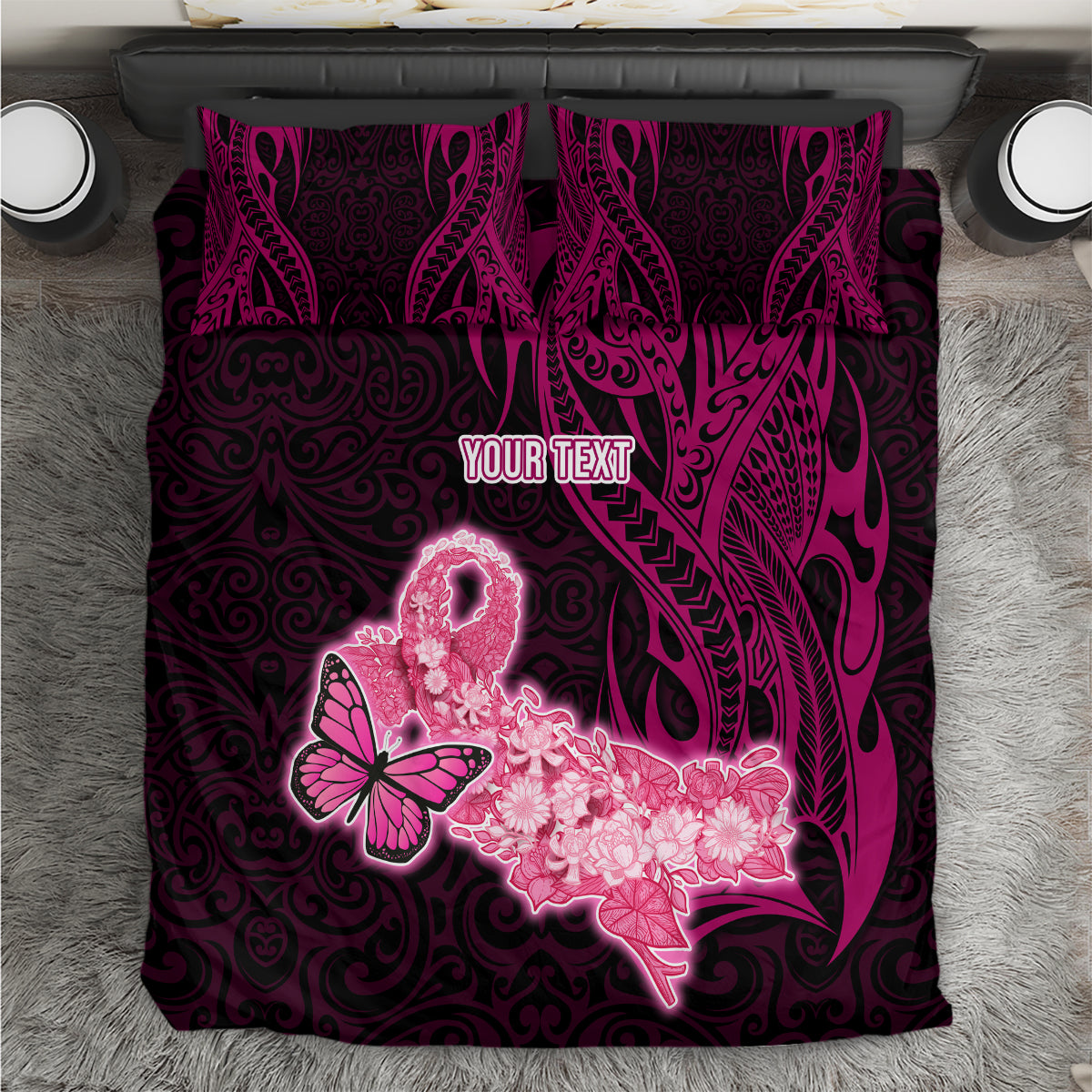 Custom Polynesia Breast Cancer Bedding Set Butterfly and Flowers Ribbon Maori Tattoo Ethnic Black Style LT03 Black - Polynesian Pride