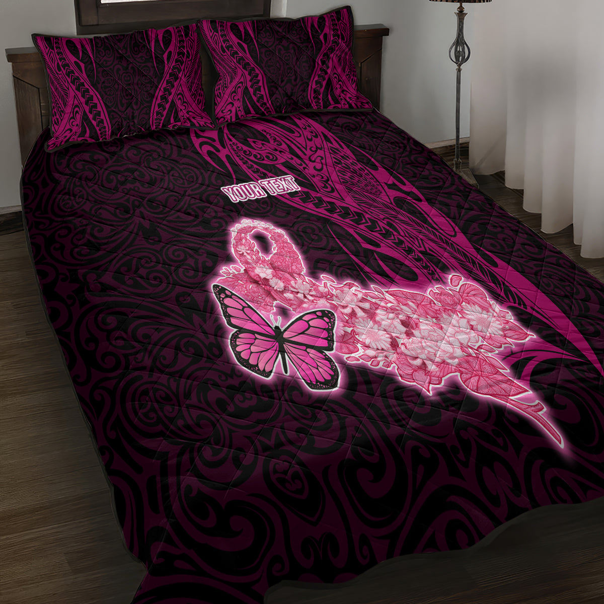 Custom Polynesia Breast Cancer Quilt Bed Set Butterfly and Flowers Ribbon Maori Tattoo Ethnic Black Style LT03 - Polynesian Pride