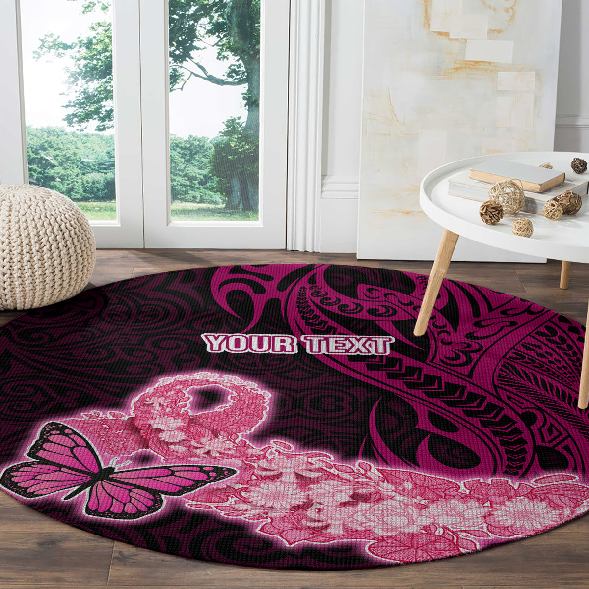 Custom Polynesia Breast Cancer Round Carpet Butterfly and Flowers Ribbon Maori Tattoo Ethnic Black Style LT03 - Polynesian Pride