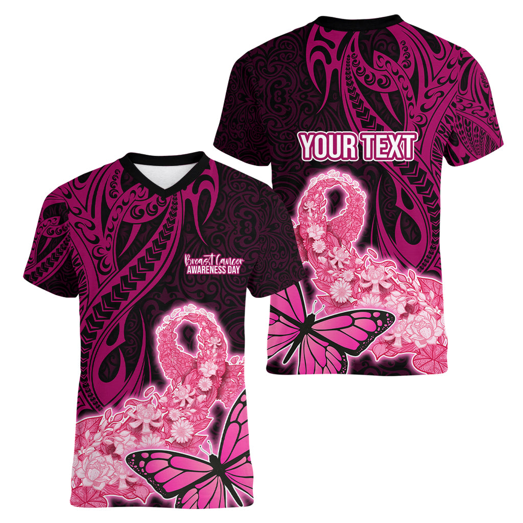 Custom Polynesia Breast Cancer Women V Neck T Shirt Butterfly and Flowers Ribbon Maori Tattoo Ethnic Black Style LT03 - Polynesian Pride