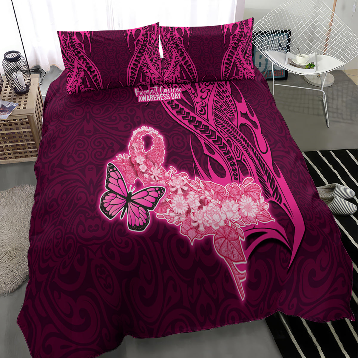 Polynesia Breast Cancer Bedding Set Butterfly and Flowers Ribbon Maori Tattoo Ethnic Pink Style LT03 - Polynesian Pride