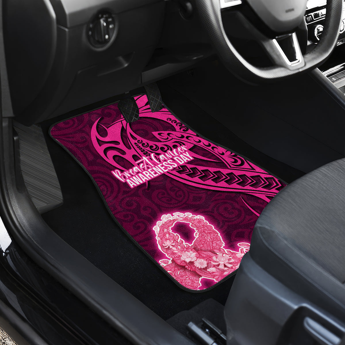 Polynesia Breast Cancer Car Mats Butterfly and Flowers Ribbon Maori Tattoo Ethnic Pink Style LT03 - Polynesian Pride