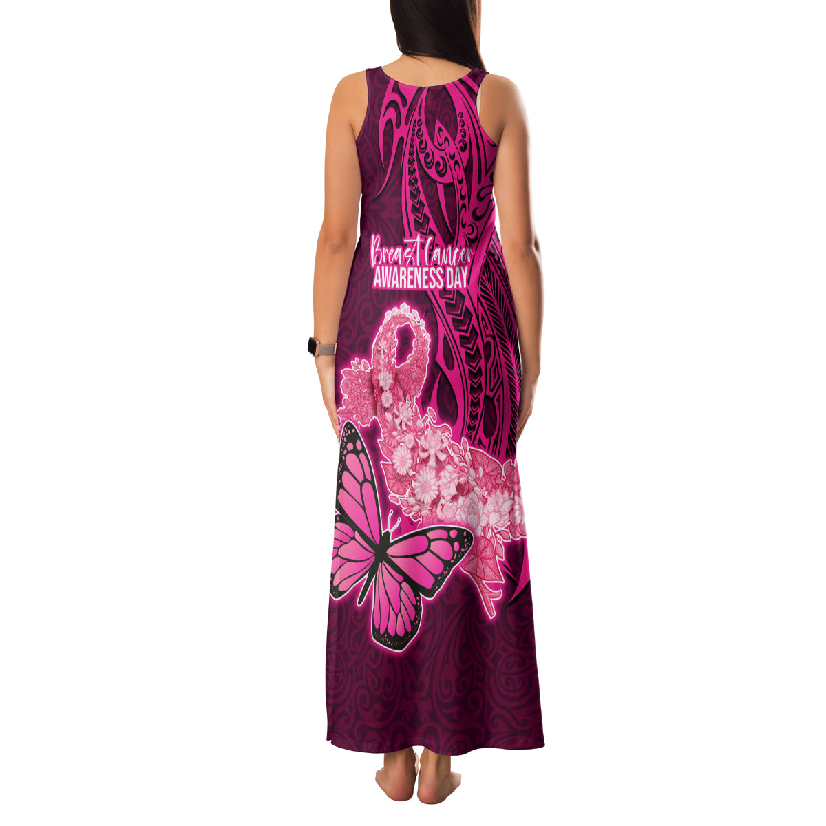 Polynesia Breast Cancer Family Matching Tank Maxi Dress and Hawaiian Shirt Butterfly and Flowers Ribbon Maori Tattoo Ethnic Pink Style LT03 - Polynesian Pride
