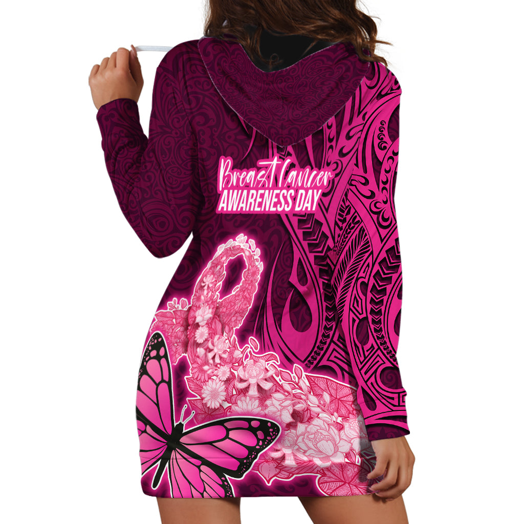Polynesia Breast Cancer Hoodie Dress Butterfly and Flowers Ribbon Maori Tattoo Ethnic Pink Style LT03 - Polynesian Pride