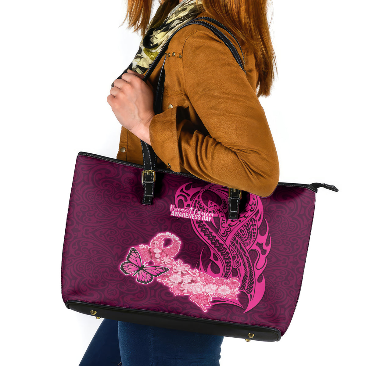 Polynesia Breast Cancer Leather Tote Bag Butterfly and Flowers Ribbon Maori Tattoo Ethnic Pink Style LT03 Pink - Polynesian Pride