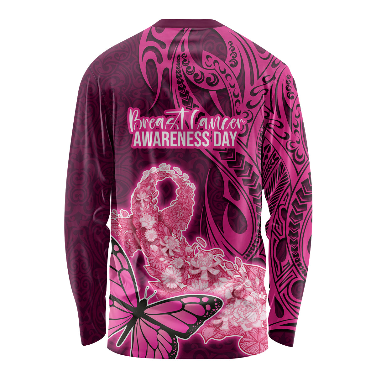 Polynesia Breast Cancer Long Sleeve Shirt Butterfly and Flowers Ribbon Maori Tattoo Ethnic Pink Style LT03 - Polynesian Pride