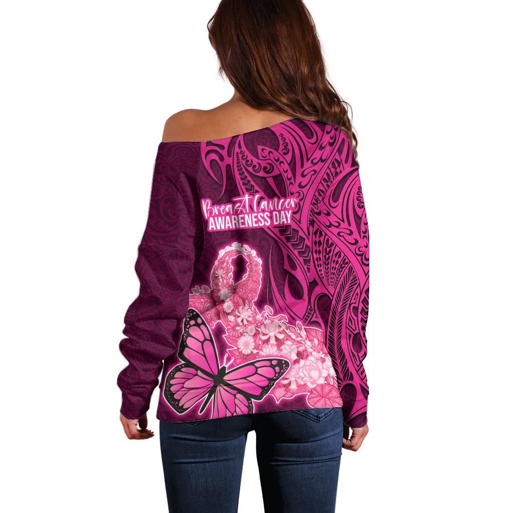 Polynesia Breast Cancer Off Shoulder Sweater Butterfly and Flowers Ribbon Maori Tattoo Ethnic Pink Style LT03 - Polynesian Pride