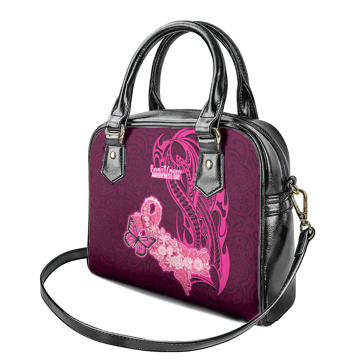 Polynesia Breast Cancer Shoulder Handbag Butterfly and Flowers Ribbon Maori Tattoo Ethnic Pink Style LT03 - Polynesian Pride