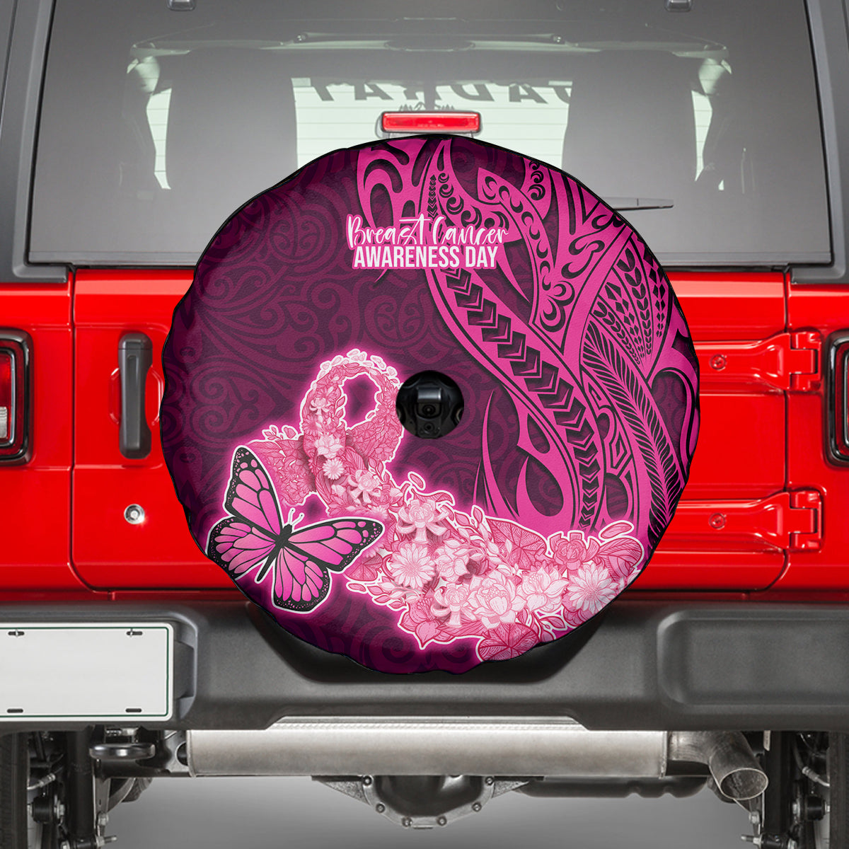Polynesia Breast Cancer Spare Tire Cover Butterfly and Flowers Ribbon Maori Tattoo Ethnic Pink Style LT03 - Polynesian Pride