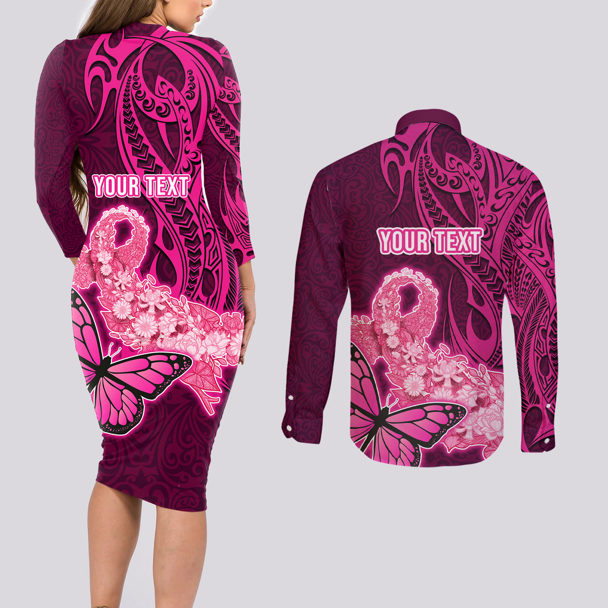 Custom Polynesia Breast Cancer Couples Matching Long Sleeve Bodycon Dress and Long Sleeve Button Shirts Butterfly and Flowers Ribbon Maori Tattoo Ethnic Pink Style LT03 - Polynesian Pride