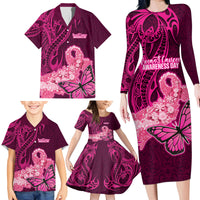 Custom Polynesia Breast Cancer Family Matching Long Sleeve Bodycon Dress and Hawaiian Shirt Butterfly and Flowers Ribbon Maori Tattoo Ethnic Pink Style LT03 - Polynesian Pride