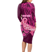 Custom Polynesia Breast Cancer Long Sleeve Bodycon Dress Butterfly and Flowers Ribbon Maori Tattoo Ethnic Pink Style LT03 - Polynesian Pride