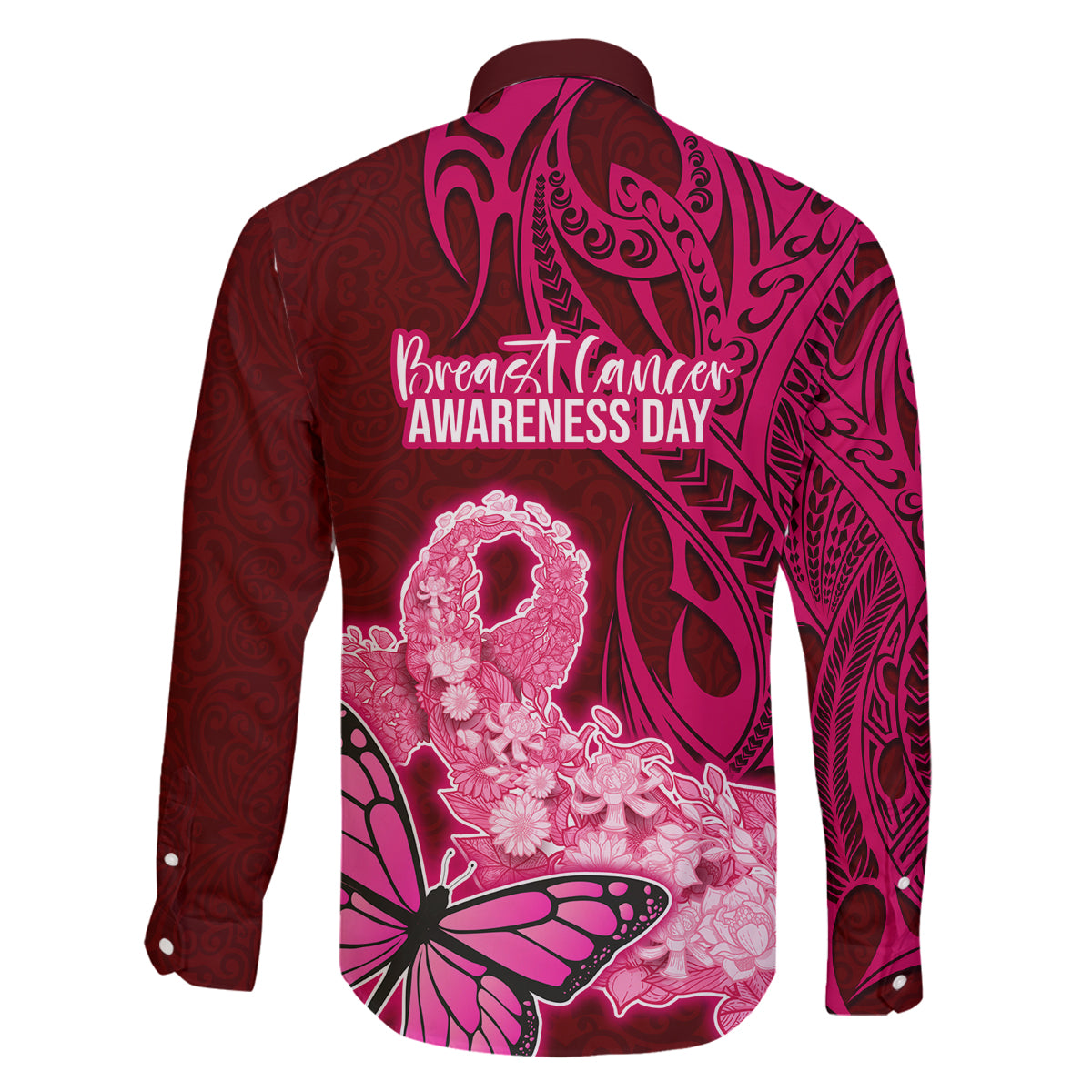 Polynesia Breast Cancer Family Matching Long Sleeve Bodycon Dress and Hawaiian Shirt Butterfly and Flowers Ribbon Maori Tattoo Ethnic Red Style LT03 - Polynesian Pride