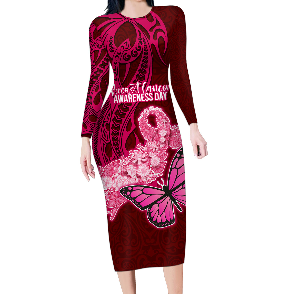 Polynesia Breast Cancer Family Matching Long Sleeve Bodycon Dress and Hawaiian Shirt Butterfly and Flowers Ribbon Maori Tattoo Ethnic Red Style LT03 Mom's Dress Red - Polynesian Pride